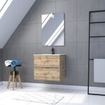 Pack meuble sdb 60cm suspendu 2 tiroirs chene vasque blanche + miroir led - timber 60 pack31