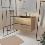 Meuble de salle de bains 80 cm 2 tiroirs ch�ne naturel + vasque c�ramique noire - timber