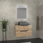 Meuble salle de bains 80 cm 2 tiroirs - chêne et noir - vasque carrée - miroir black led - omega Meuble salle de bains 80 cm 2 tiroirs - chêne et noir - vasque carrée - miroir black led - omega