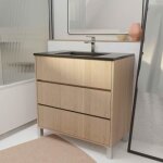 Meuble de salle de bains 80 cm 3 tiroirs ch�ne clair + vasque c�ramique noire - xenos