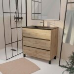 Meuble de salle de bains 80 cm 3 tiroirs ch�ne naturel + vasque c�ramique noire - timber