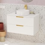 Meuble salle de bains 80 cm laqu blanc et or dor - 2 tiroirs - vasque ronde  poser blanche