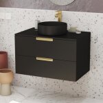 Meuble salle de bains 80 cm laqu noir mat et or dor - 2 tiroirs - vasque ronde  poser noire