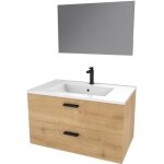 Meuble salle de bain 80 cm monte suspendu decor bois h46xl80xp45cm - avec tiroirs - vasque et miroir Meuble salle de bain 80 cm monte suspendu decor bois h46xl80xp45cm - avec tiroirs - vasque et miroir