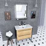 Meuble salle de bains 80 cm vasque r�sine blanche miroir led - finition ch�ne et noir - structura