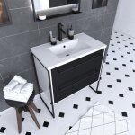 Meuble de salle de bain 80x50cm blanc - 2 tiroirs noir mat - vasque r�sine blanche - structura p021