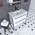 Meuble de salle de bain 80x50cm blanc - 2 tiroirs - vasque resine blanche - pieds et poignes