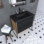 Meuble de salle de bain 80x50cm chne brun - 2 tiroirs noir mat - vasque rsine noire effet pierre - ...