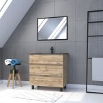Meuble salle de bains 80cm d�cor chene naturel 3 tiroirs - vasque noire et miroir - timber