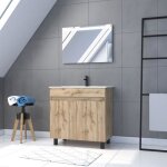 Meuble salle de bain 80x80 - finition chene naturel + vasque blanche + miroir led - timber 80 - pack26 ...