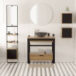 Meuble salle de bain 90 cm en ch�ne naturel et m�tal noir plan en bois et tiroir - iron