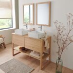Meuble sous vasque plaqu� ch�ne naturel atoll 120cm + vasque + miroir carr�