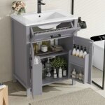 Meuble de salle de bain - langtu - 60x46x848 cm - vasque c�ramique int�gr�e - finition laqu�e gris - ...