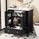 Meuble salle de bain lavabo en c�ramique int�gr� grand espace de rangement pieds en bois massif mat�riau ...