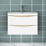 Meuble de salle de bain moderne sans poign�es blanc et bois avec vasque int�gr�e 80cm