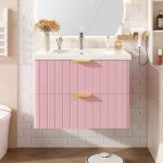 Meuble de salle de bain rose suspendu avec lavabo c�ramique double espace de rangement mdf r�sistant ...