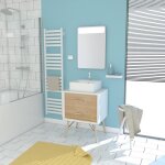Meuble salle de bain scandinave blanc et bois naturel 60cm avec tiroirs vasque a poser - miroir