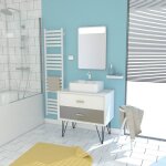 Meuble salle de bain scandinave blanc et gris 80 cm avec tiroirs vasque a poser et miroir