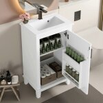 Meuble de salle de bain sur pied - langtu - 51x34x83 cm - vasque c�ramique int�gr�e - laqu� blanc - �tag�res ...