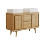 Meuble de salle de bain sur pieds en teck avec double vasque � poser carr�e en c�ramique - 120 cm - bintuni ...