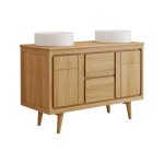 Meuble de salle de bain sur pieds en teck avec double vasque � poser ronde en c�ramique - 120 cm - bintuni ...