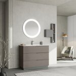 Meuble de salle de bain sur pied tiroirs 100cm gris miroir rond � led new york