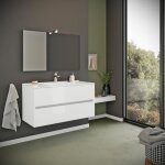 Meuble de salle de bain avec tiroirs 100cm blanc brillant lavabo et miroir benaco