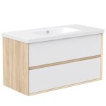 Meuble de salle de bain suspendu 100cm - blanc et ch�ne - 2 tiroirs - lavabo - montage d�tachable