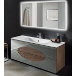 Meuble de salle de bain - lia - teck fonc - 2 tiroirs - lavabo en marbre minral blanc - 120 cm