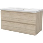 Meuble salle de bain suspendu - ch�ne clair - 100cm - vasque en c�ramique - 2 tiroirs soft - close