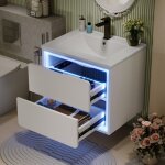 Meuble salle de bain suspendu - 60x46x50 cm - �clairage led radar - 2 tiroirs silencieux - vasque c�ramique ...