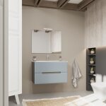 Meuble de salle de bain suspendu 80cm 2 tiroirs couleur bleu mat et chne magnolia