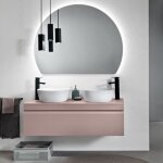 Meuble de salle de bain suspendu avec base miroir 120 led et 2 vasques sur pied - rio rosa polvere