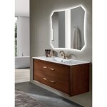 Meuble de salle de bain suspendu - classic - 120 cm - 2 tiroirs - noyer clair - marbre min�ral blanc