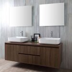 Meuble de salle de bain suspendu en noyer foncé avec double lavabo dappui et miroir siena Meuble de salle de bain suspendu en noyer foncé avec double lavabo dappui et miroir siena