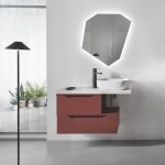 Meuble de salle de bain suspendu avec vasque � poser et miroir led - mixi g - rouge - laqu� - 45x100cm ...