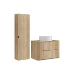 Meuble de salle de bain suspendu avec vasque � poser ronde et colonne - naturel clair - 80 cm - filor ...