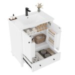 Meuble sdb vasque c�ramique pieds bois massif - laqu� hydrofuge blanc 76x46x87cm grand rangement salle ...