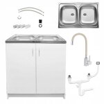 Meuble sous �vier 80 cm blanc + �vier deante inox 2 bacs + robinet extensible beige + siphon lv - 80x49x82 ...