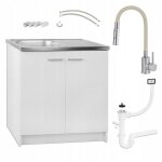 Meuble sous �vier 80 cm blanc + �vier deante inox + robinet extensible 2 - en - 1 beige + siphon lv - ...