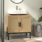 Meuble sous lavabo avec rangement 2 ports effet rotin pieds m�tal en bois couleur naturelle 60x39x60 ...