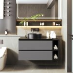 Meuble sous - vasque avec plan en marbre vasque ronde en c�ramique et tiroirs noir et gris