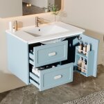 Meuble sous vasque salle de bain led - meuble lavabo suspendu en c�ramique main wc et bassin int�gr� ...