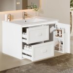 Meuble suspendu salle de bain avec vasque int�gr�e blanc laqu� 2 tiroirs silencieux led radar automatique ...