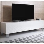 Meuble tv luke h2 160x42x40 cm - blanc brillant 1 porte 3 compartiments pieds aluminium