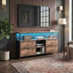 Meuble tv 108cm - ambiance - motif tigr� vintage - led app&musique - 4 tiroirs en tissu - table dentr�e ...