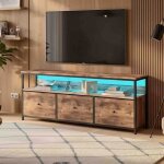 Meuble tv 108cm - led rgb app - 3 tiroirs en tissu pliable - plateau bois et cadre m�tal - style industriel ...