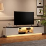 Meuble tv - 140x32x30cm - avec led rgb connect� - rangement portes & �tag�res verre - charge 50kg - blanc ...