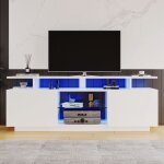 Meuble tv 140x35x55cm meuble bas de salon avec bande lumineuse led 16 couleurs2 portes brillantes et ...