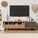 Meuble tv 150 x 38 x 44 cm bois naturel et noir avec 2 tiroirs et 1 armoire banc tv design moderne pour ...